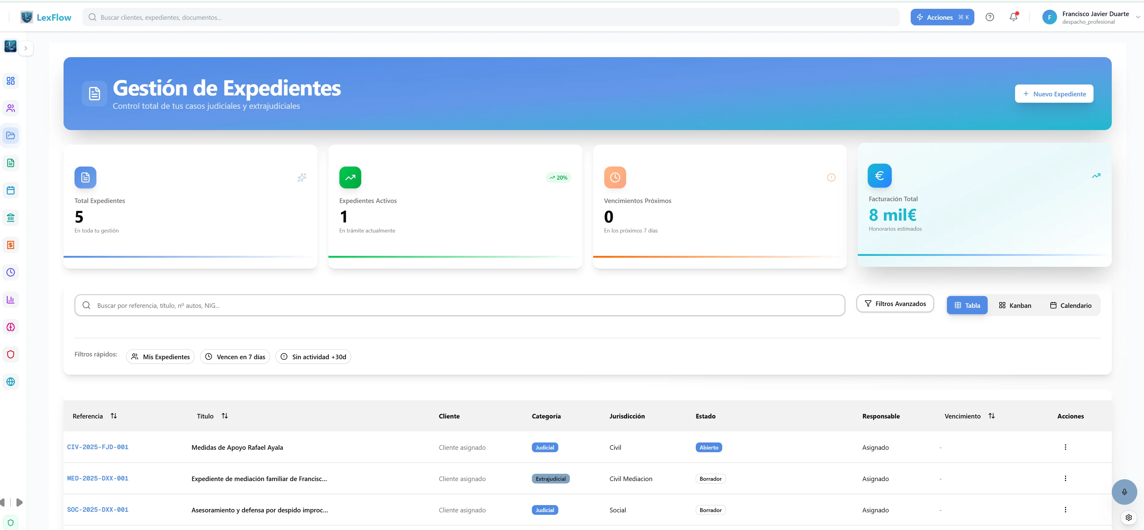 LexFlow Gestión de Expedientes - Vista general
